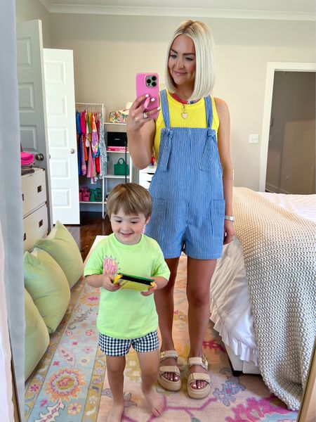 Yellow tank is 40% off (size XS) + striped overalls are under $35 (size: SM) 
casual summer outfit / mom style 

#LTKStyleTip #LTKFindsUnder50