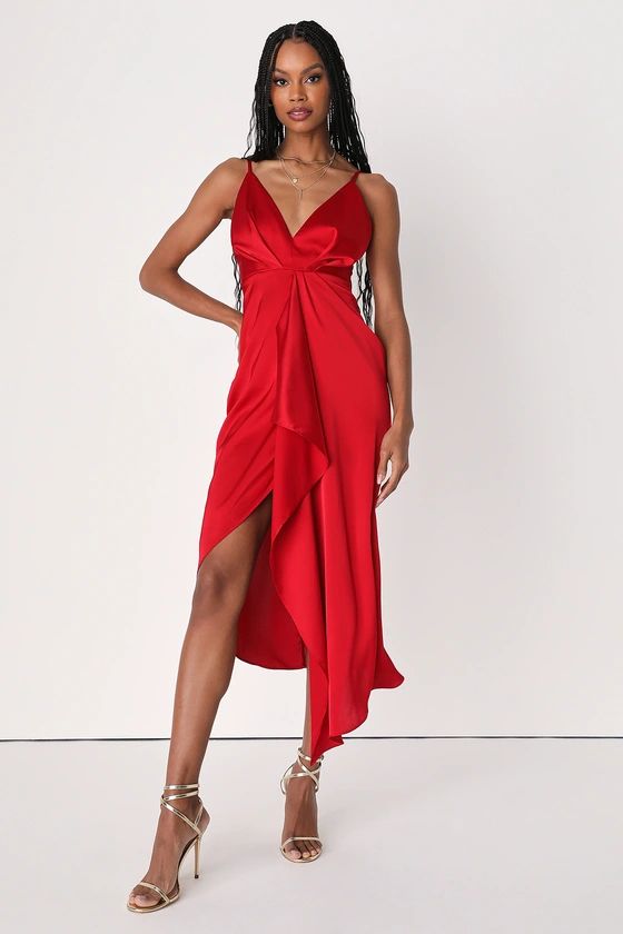 Caught Feelings Red Satin Ruffled Midi Dress | Lulus (US)