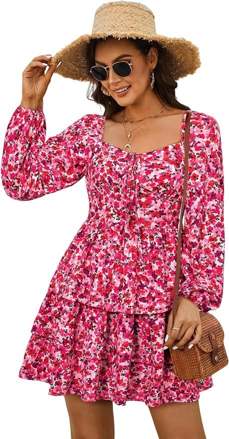 Women's Long Sleeve Mini Dress Casual Tiered Ruffle Floral Mini Dress Square Neck Smocked Dresses | Amazon (US)
