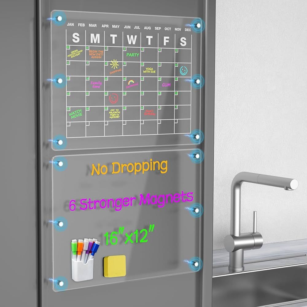 【No Dropping】Acrylic Magnetic Calendar for Fridge,16x12'' Clear Magnetic Dry Erase Board Cale... | Amazon (US)