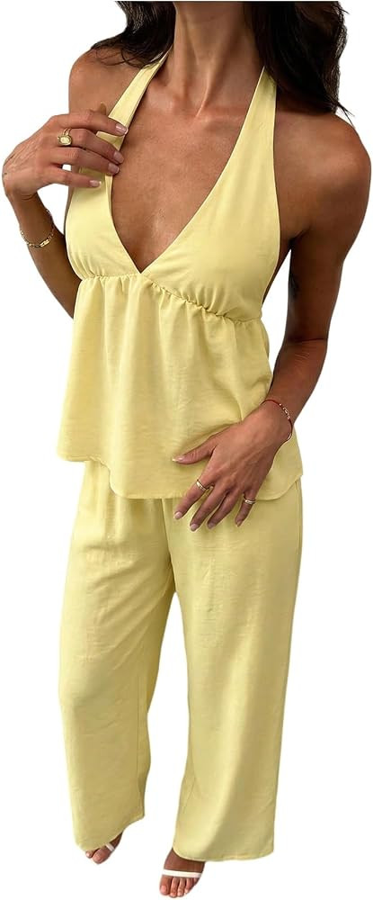 SOLY HUX Women's Summer 2 Piece Sets Vacation Outfits Halter Top and Pants | Amazon (US)