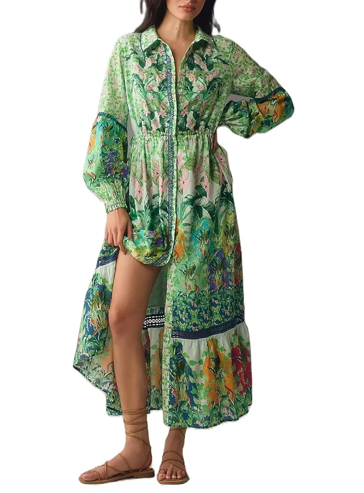 Women Graphic Puff Sleeve Maxi Dress Graffiti Button Down Shirt Dress Vintage Boho Floral Flowy L... | Amazon (US)