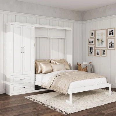 Queen Size Murphy Bed All-In-One with Upholstered Headboard, Storage Wardrobe, and Drawers | Wayfair North America