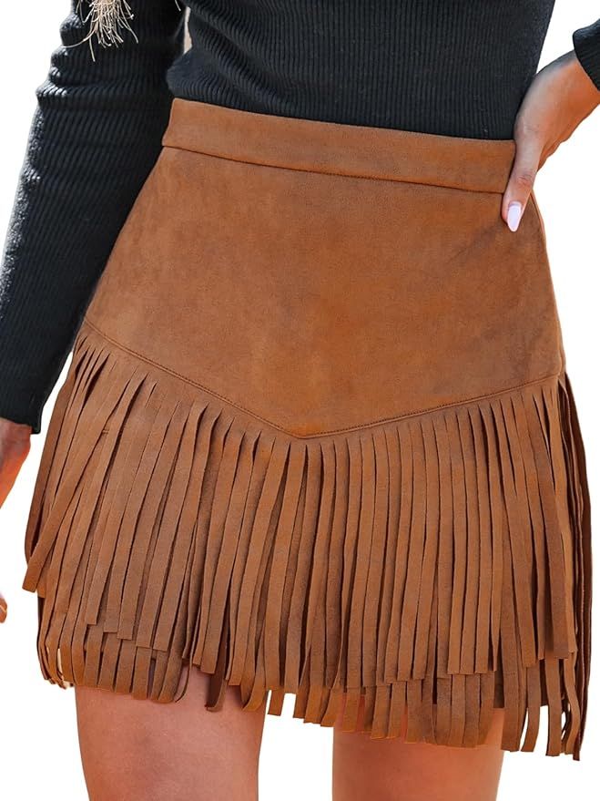 CUPSHE Women Skirts Terra Cotta High Waist Fringe Mini Skirt Short Skirts | Amazon (US)