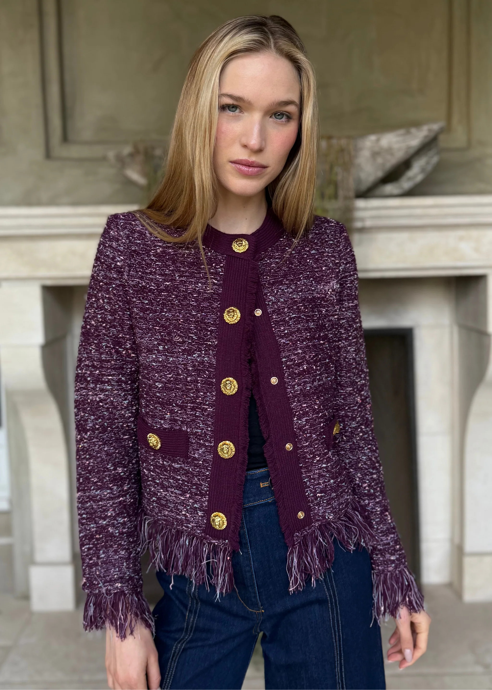 Jessica Fringe Hem Cropped Cardigan Jacket - Eggplant | Benaar La