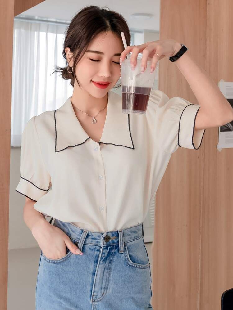 DAZY Top-stitching Puff Sleeve Blouse | SHEIN