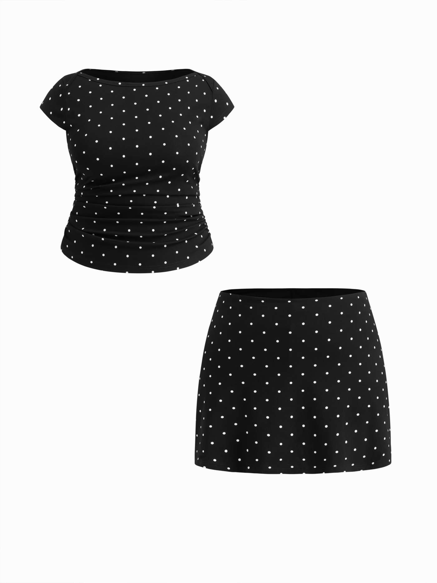 Cotton-blend Boat Neck Polka Dot Ruched Tee & Mini Skirt Curve & Plus | Cider