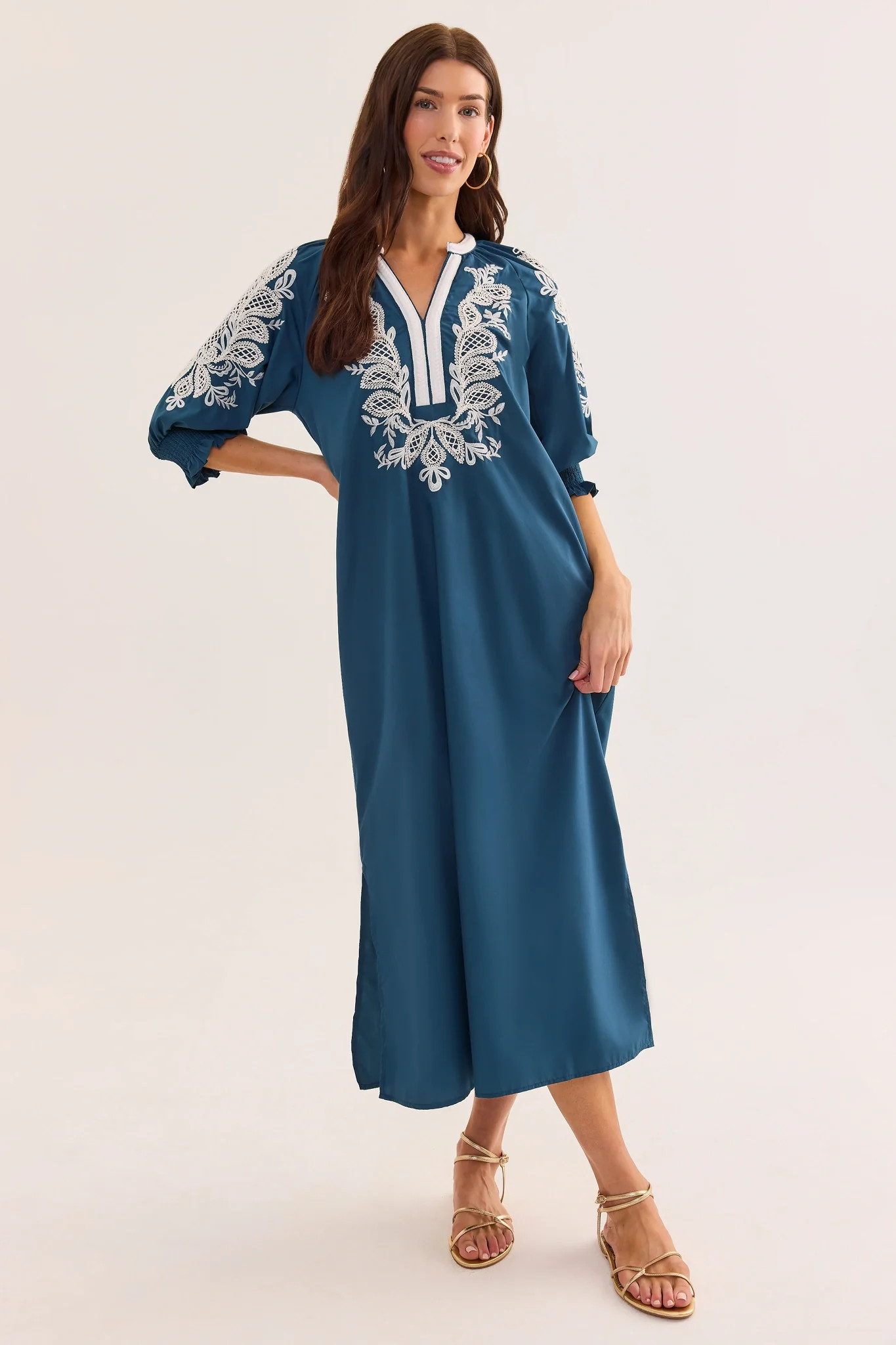 Vivian Navy Embroidered Midi Dress | Avara