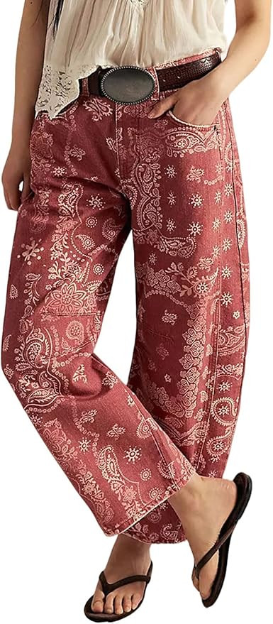 loveimgs Women Boyfriend Baggy Barrel Jeans Floral Print Denim Ankle Pants Wide Leg Mid Rise Jean... | Amazon (US)
