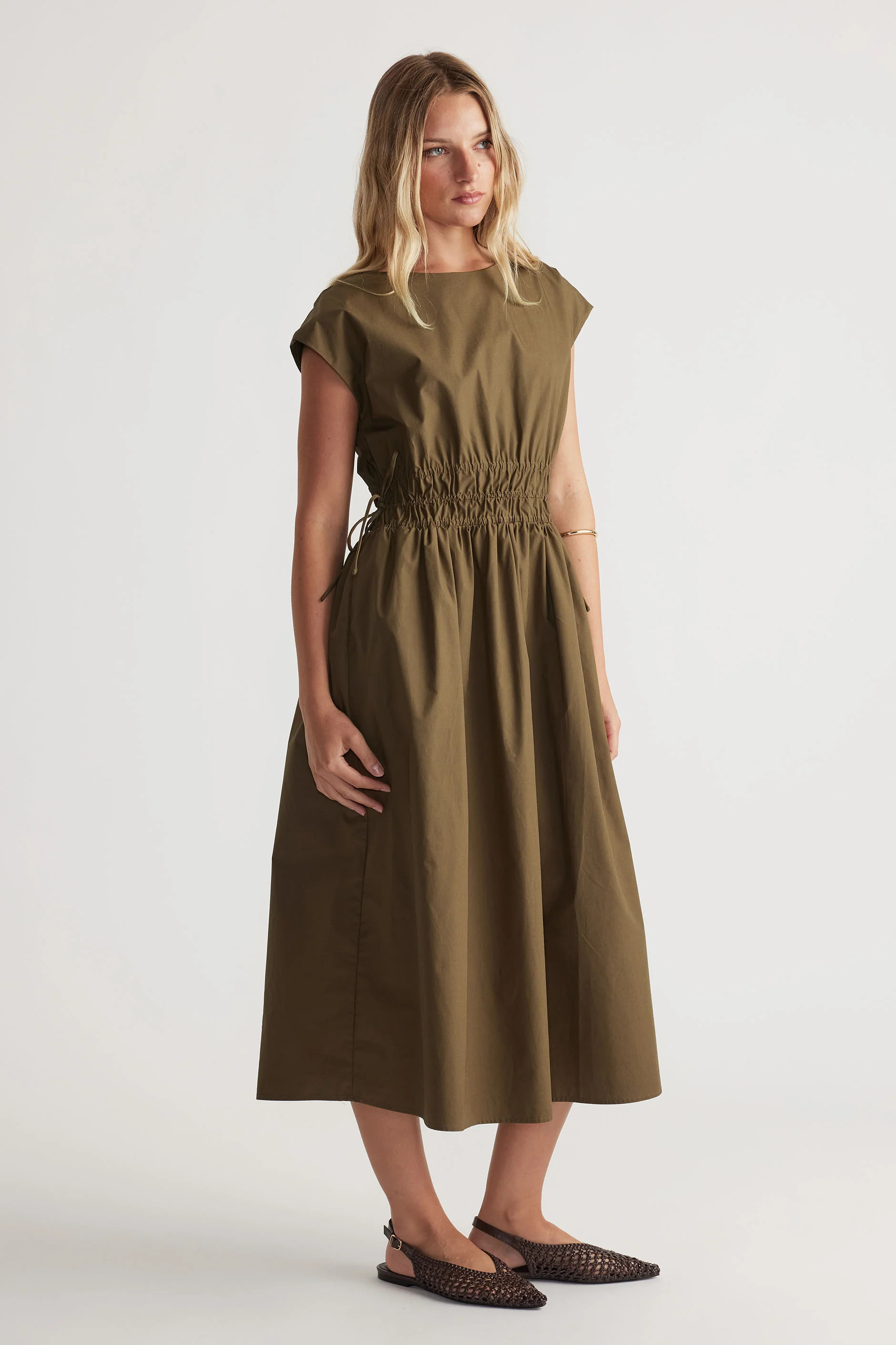 Zoe Shirred Waist Midi Dress - Cypress Green | DECJUBA