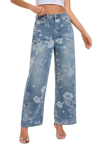 Jeans for Women Floral High Waisted Straight Leg Stretchy Jeans Summer Cute Printed Denim Pants Blue | Amazon (US)