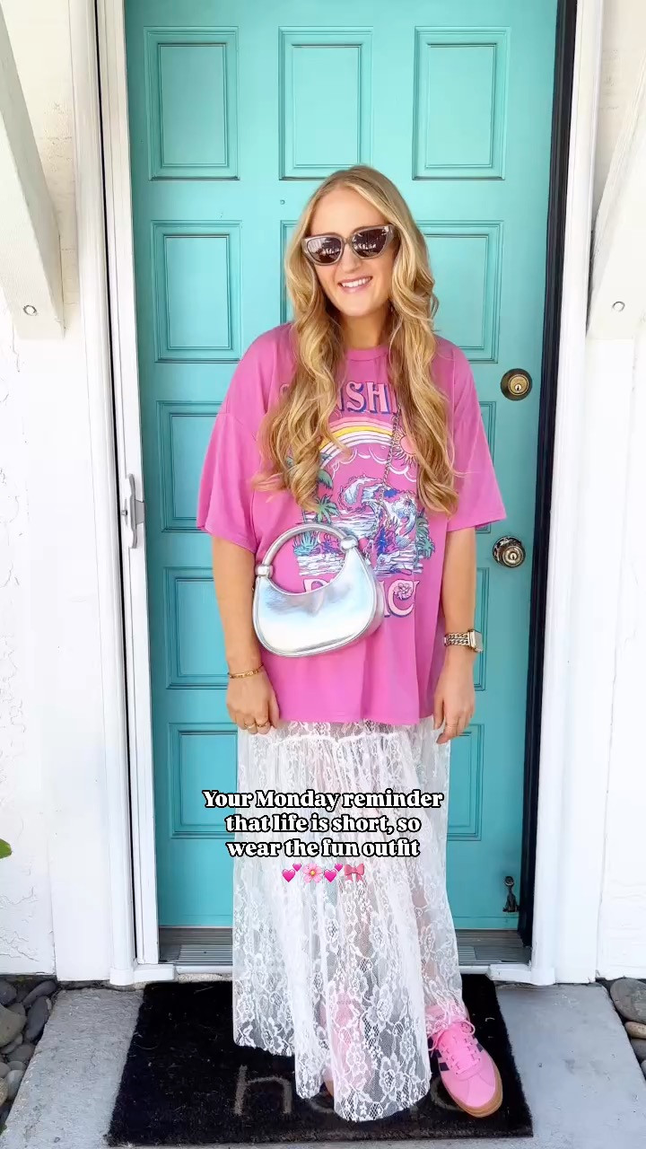 lace skirt and spring summer graphic tee styling idea 💕 pair with skin-toned biker shorts underneath for some added comfort!

wearing L in tee and lace skirt at 145 lbs and 5'7" for reference!

spring ootd, summer ootd, colorful style, spring graphic tee, summer graphic tee, lace skirt outfit, how to style a lace skirt, pink outfit, pink Adidas, pink sneakers, colorful graphic tees, pink graphic tee, oversized graphic tee, elevated casual look, trendy style, silver bag, purse essentials, free people style, free people look for less, lace skirt style 

 

#LTKFindsUnder50 #LTKFindsUnder100 #LTKStyleTip