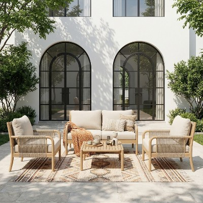 Christopher Knight Home Anil 5 Piece Patio Acacia Wood and Rope Seating Set with Slatted Table, Light Teak/Beige | Target