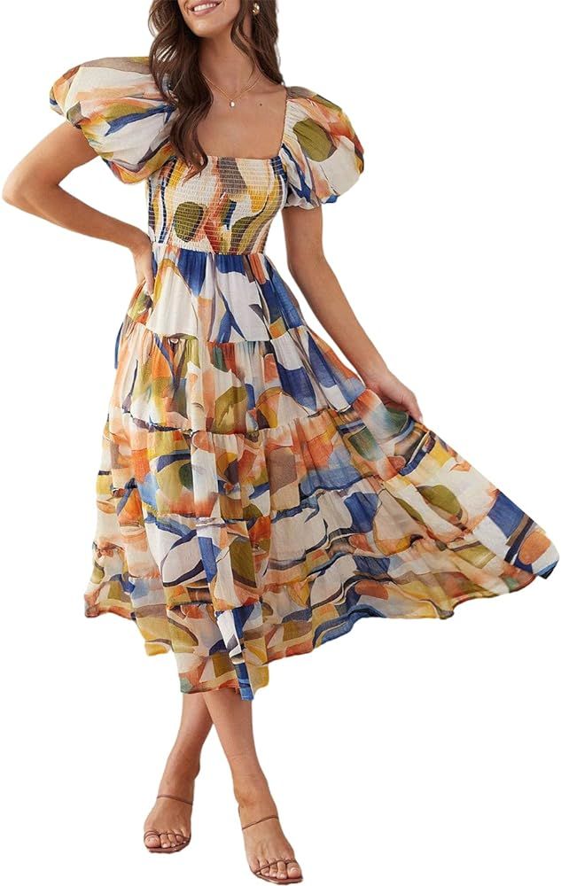 Sissyaki Women's Summer Boho Floral Print Midi Dress Square Neck Tiered Flowy Beach Long Dress | Amazon (US)