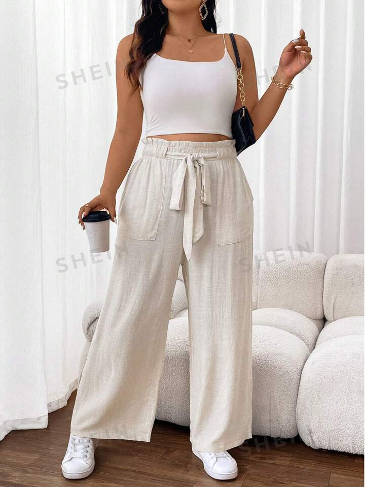 SHEIN Frenchy Plus Size Fall Bow Tie Belted Cropped Pants In Breathable Bamboo Texture For Casual... | SHEIN