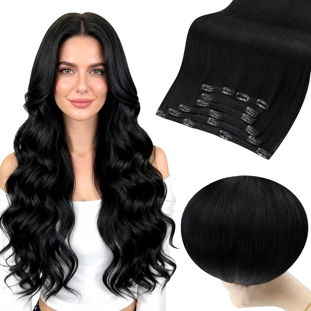 Full Shine Black Real Human Hair Extensions, 20Inch Clip In Extensions for Women, Double Weft Rem... | Amazon (US)