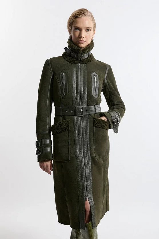 Leather And Shearling Mix Long Aviator Coat | Karen Millen US