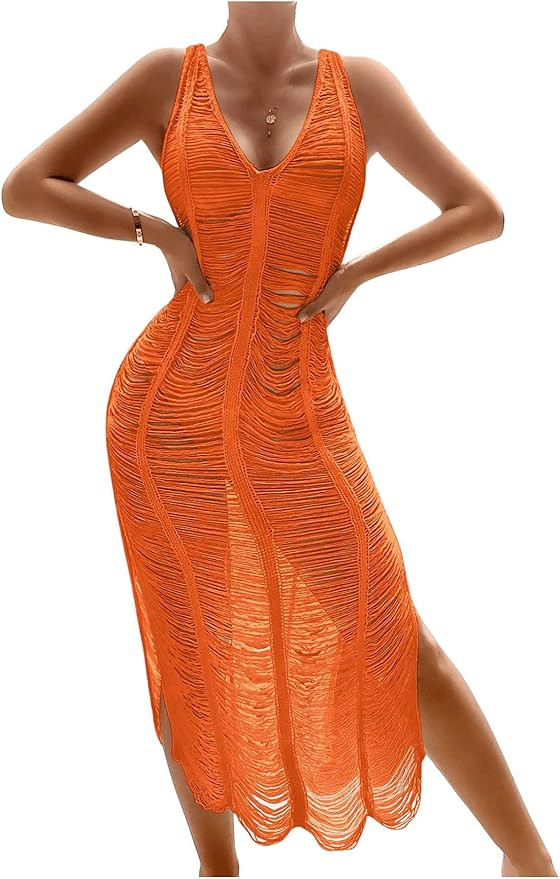 OYOANGLE Women's Crochet Hollow Out Swimsuit Cover Up Deep V Neck Sleeveless Beach Midi Dress Swi... | Amazon (US)