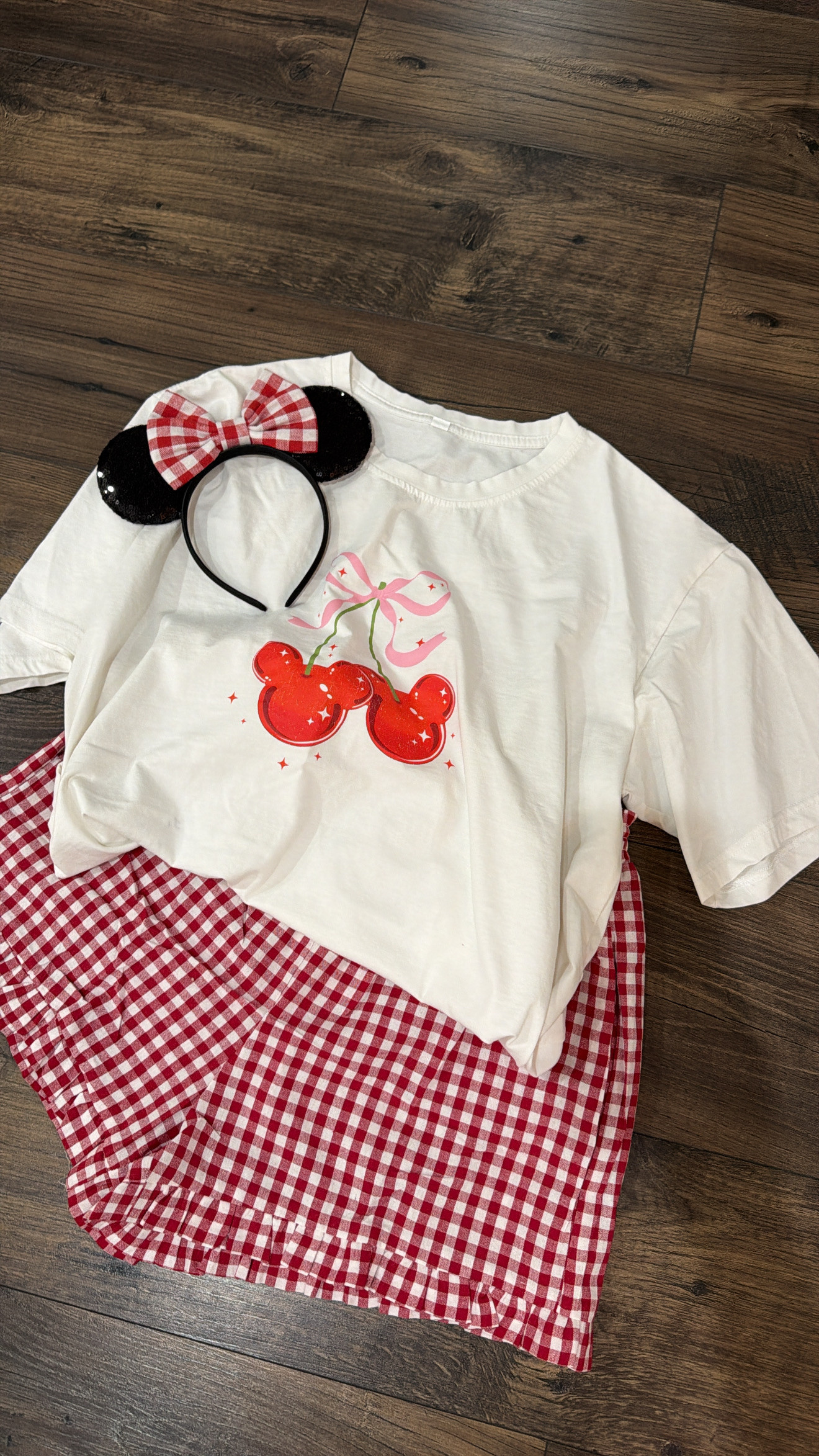 Found the cutest, gingham Disney themed outfit for the girls and I!🍒 

cherry shirt, mickey mouse ears, plaid shorts, cute tops, summer style, Amazon finds, holiday outfits, britt horton, Disney, Disneyland, Disney world 

 #LTKootd #LTKSeasonal #LTKTravel