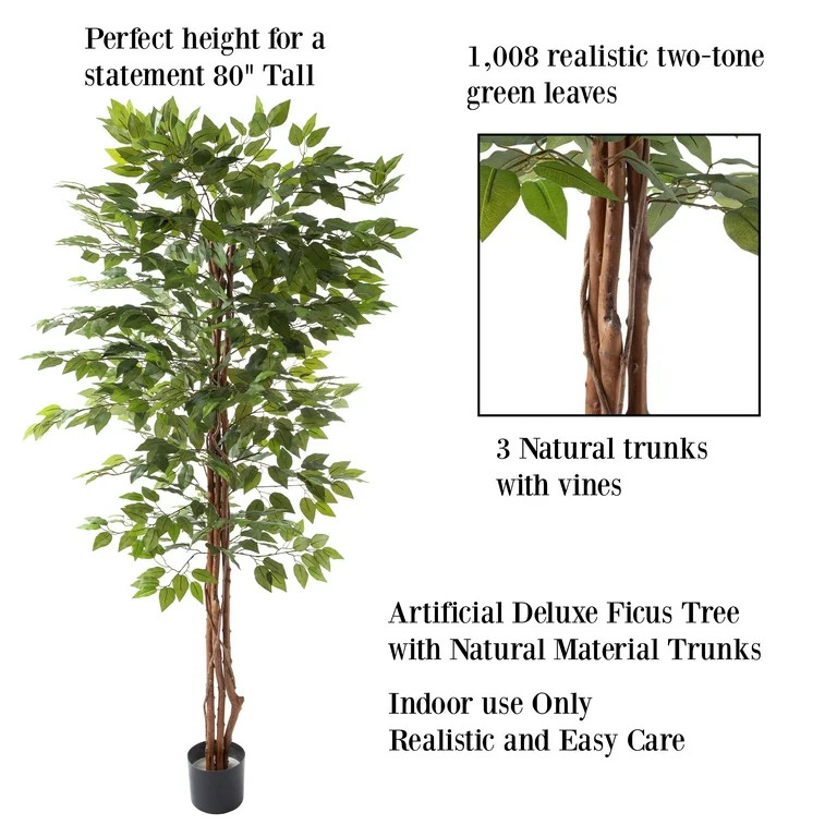 Artificial Ficus Tree- 80-Inch Potted Silk Tree - Indoor Faux Plant by Pure Garden | Walmart (US)