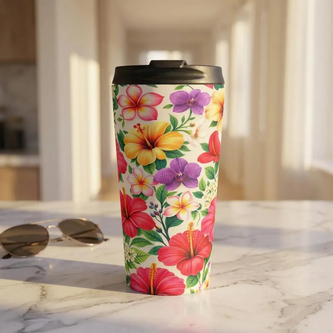 Tropical Hibiscus Floral Travel Mug | Colorful Plumeria Pattern | Etsy (Global)