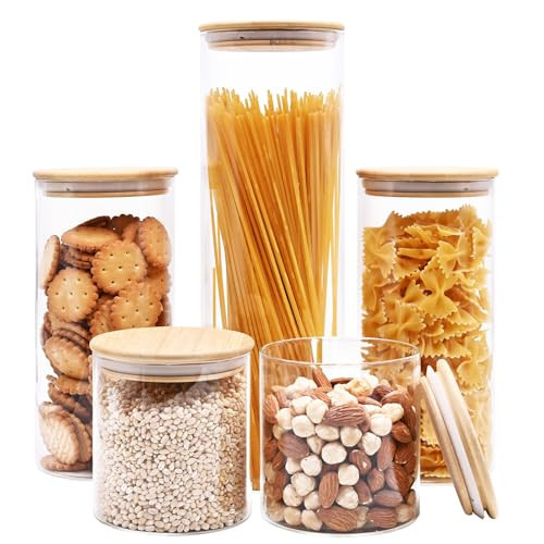Glass Food Storage Jars, Glass Jars with Bamboo Lids, Kitchen Storage Jars, Canisters with Airtight Lids for Spice, Coffee, Cookie, Set of 5, Pantry Organizers | Amazon (US)