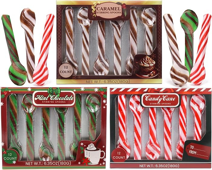 Christmas Candy Spoons Assortment, Peppermint, Caramel, and Mint Chocolate Flavored Stirrers, Hot... | Amazon (US)