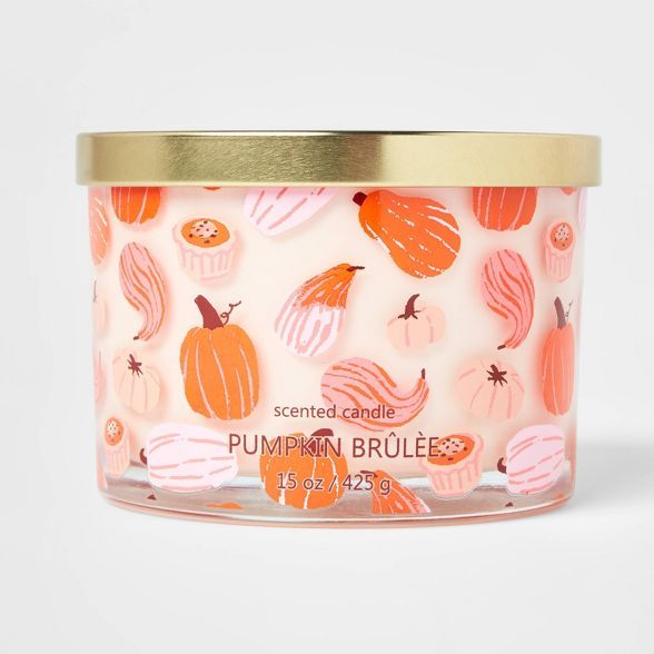 15oz Lidded Glass Jar Pumpkin and Gourd Print 3-Wick Pumpkin Brulee Candle - Opalhouse™ | Target