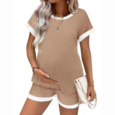 Ekouaer Maternity Pajamas 2 Piece Outfits Waffle Knit Short Sleeve Tops and Shorts Loungewear Set Pregnancy Clothes Light Khaki S | Target