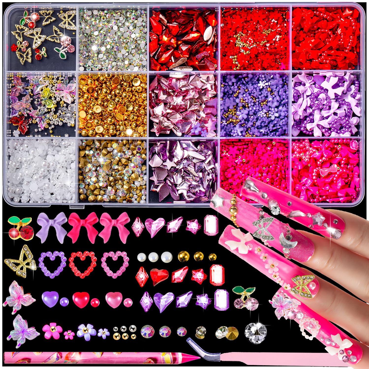 10,000pcs Nail Charms & Gems Set: 3D Bows, Hearts & Flowers in Pink, Red, Purple - Gold Butterfly... | Amazon (US)