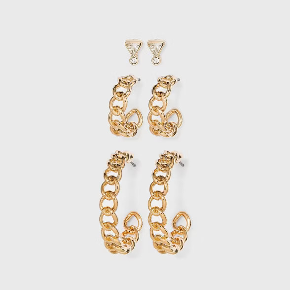 Stud and Frozen Chain Hoop Trio Earrings - A New Day™ Gold | Target