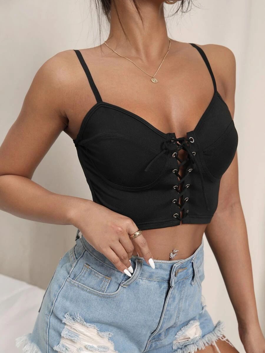 Grommet Lace Up Bustier Crop Cami Top | SHEIN