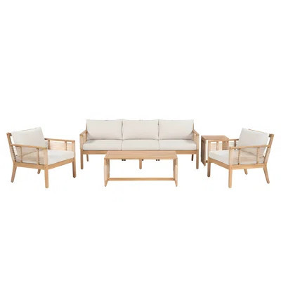 5-Piece Patio Acacia Wood Sofa Set, Outdoor Hand Woven Rope Conversation Set with 3 Seater Sofa,2 Chairs and 2 Coffee Tables for Garden, Backyard, Poo | Wayfair North America