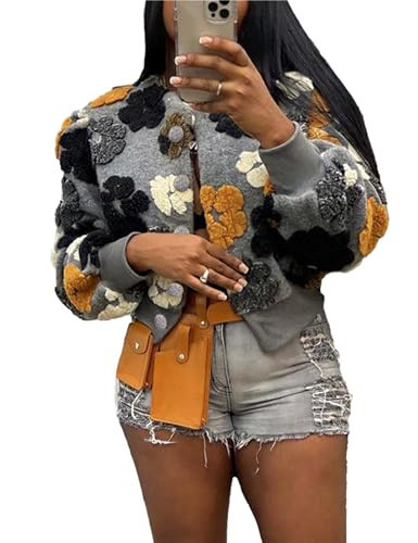 Aimiray Women's Cropped Fleece Jacket Long Sleeve Warm Bomber Sherpa Jacket Floral Printed Varsity Coats(Grey-L) | Amazon (US)