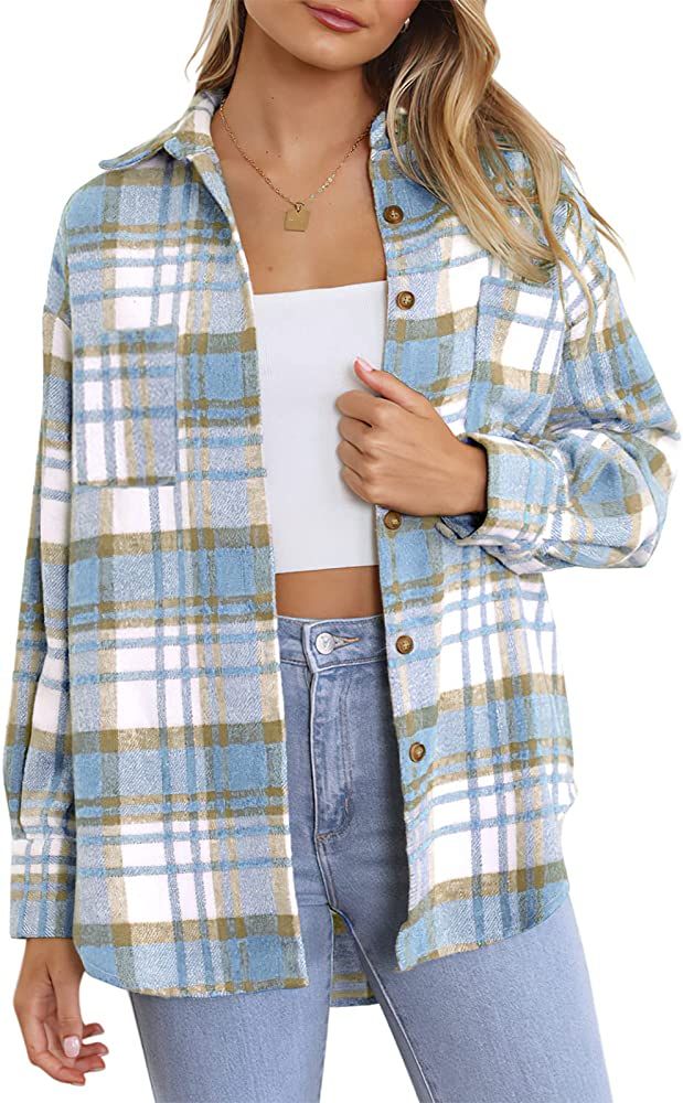 ANRABESS Womens Casual Plaid Shacket Wool Blend Button Down Long Sleeve Shirt Fall Jacket Shacket... | Amazon (US)