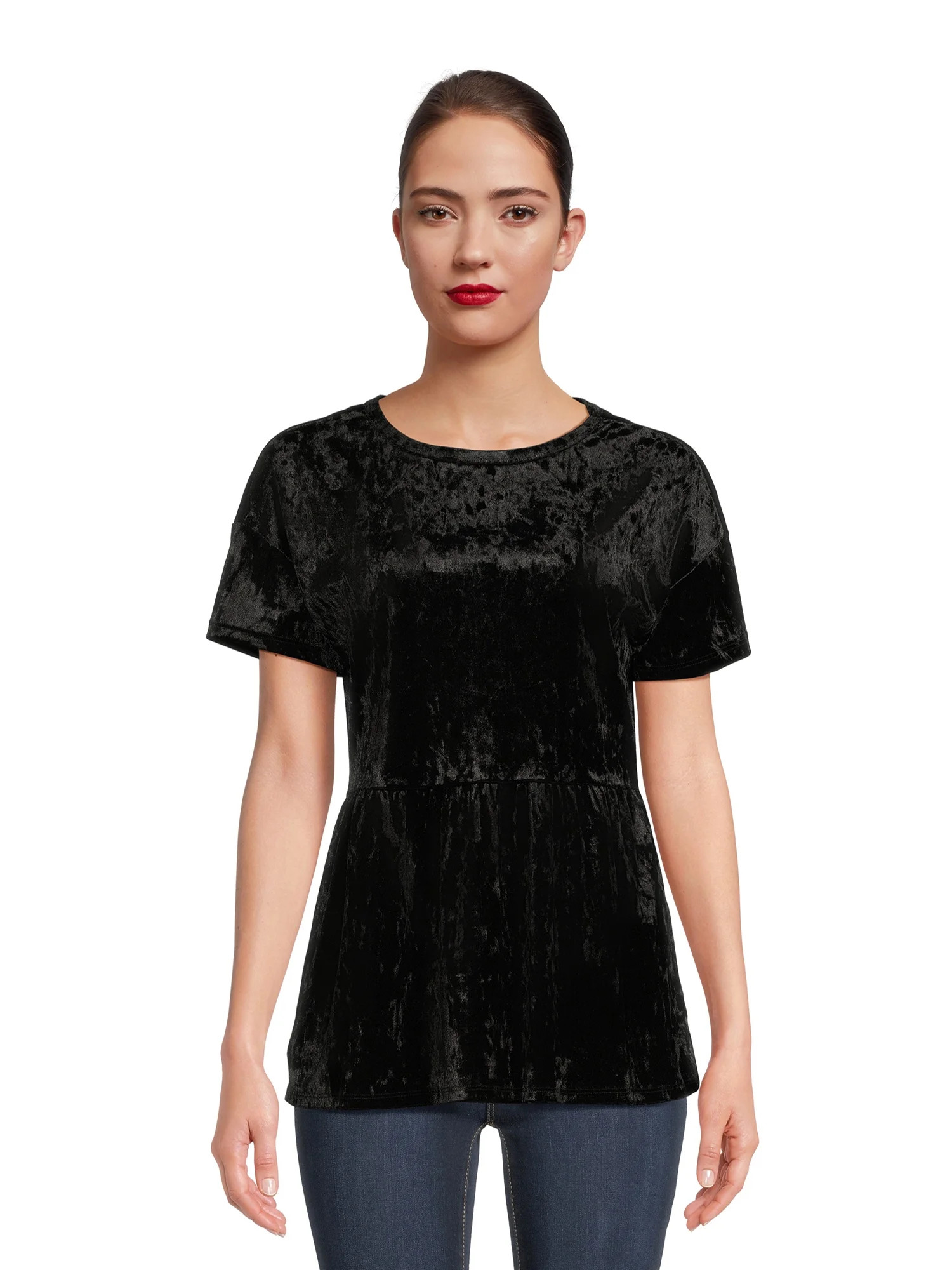 Time and Tru Women's Crushed Velvet Peplum Top with Short Sleeves, Sizes XS-XXXL - Walmart.com | Walmart (US)