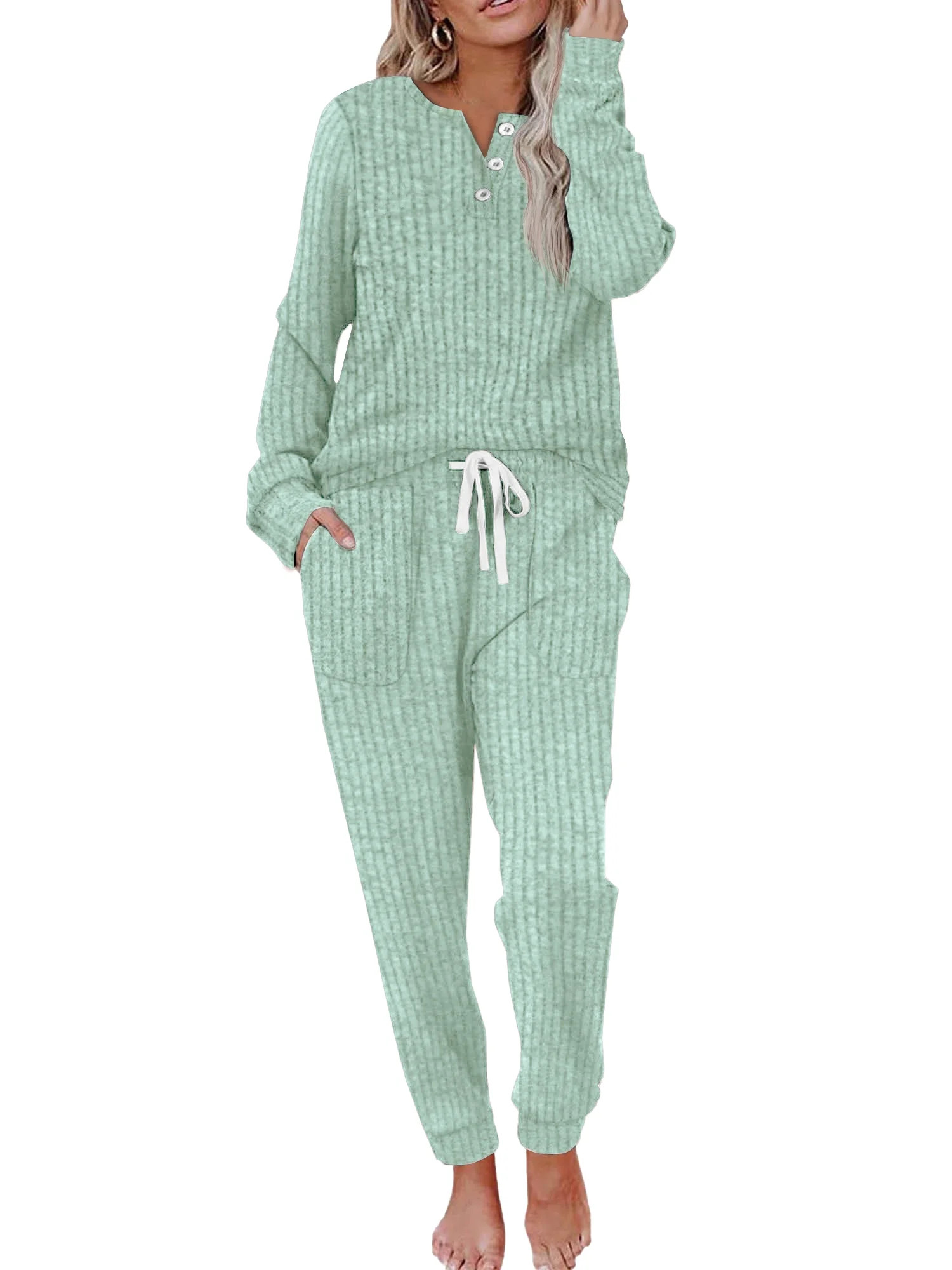 MOSHU Two Piece Womens Pajama Sets Button Down Shirts and Drawstring Pants with Pockets Solid Lou... | Walmart (US)