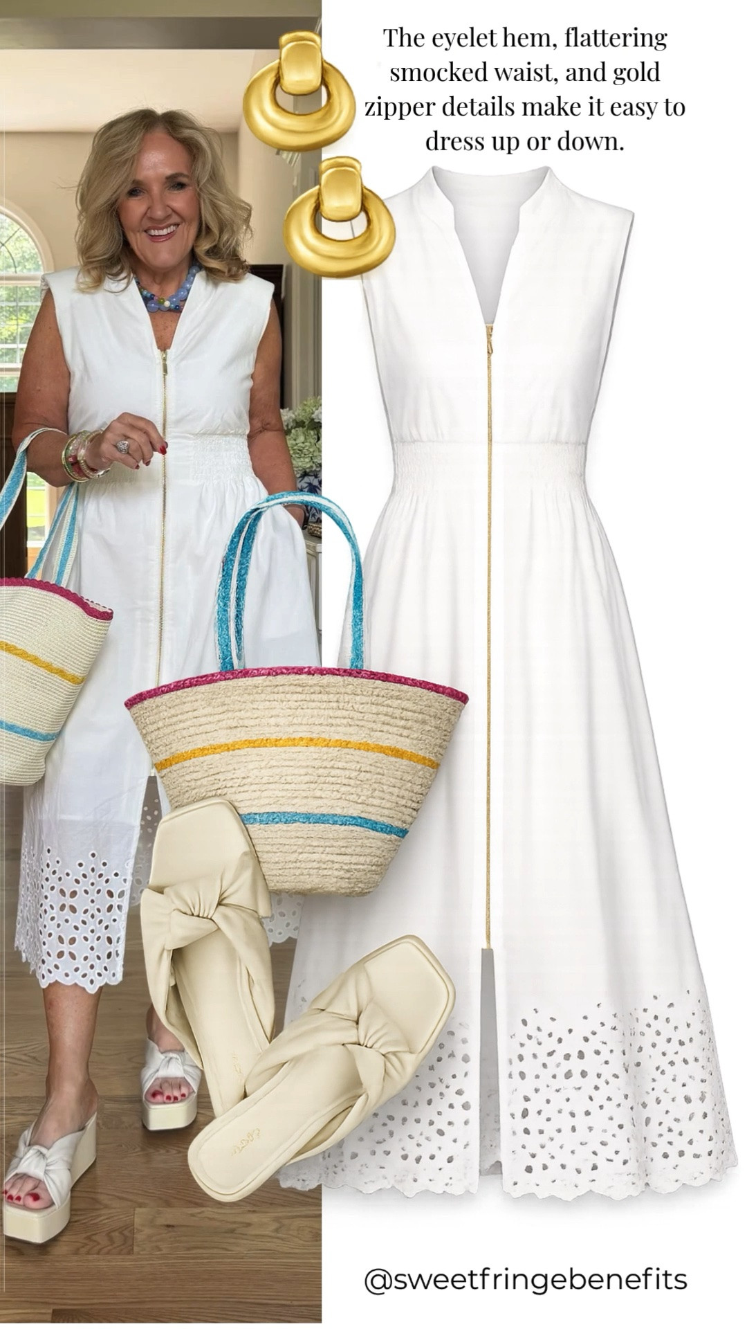 This white eyelet dress is one of those timeless pieces you'll wear year after year! The flattering smocked waist, eyelet hem, and gold zipper detail give it a polished look that's easy to dress up or down.

💡 LTK MADE EASY
❤️ Heart = Support my posts!
🔖 Save = Get sale & restock alerts
📋 Lists = Keep favorites organized
📲 Share = Send lists and products to a friend. Hello, Christmas List!
💬 Comment = Ask me anything about sizing or fit. :-)

#LTKootd #LTKOver40 #LTKSaleAlert