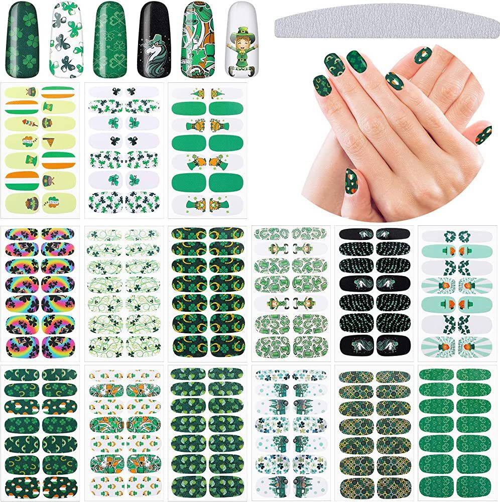 15 Sheets St. Patrick's Day Nail Polish Stickers Full Wraps Nail Art Decals Self-Adhesive Nail Ar... | Amazon (US)