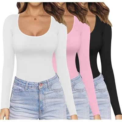 Ekouaer Womens 3 Pack Long Sleeve Shirts Scoop Neck Tops Stretch Fitted Undershirt Ligh… | Amazon (US)