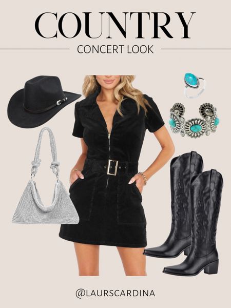 This country concert look includes a black corduroy mini dress paired with black cowboy boots, a black hat, turquoise jewelry, and a silver purse. 

Ootd, country outfit, Nashville look, concert outfit 

#LTKstyletip #LTKshoecrush #LTKfindsunder50