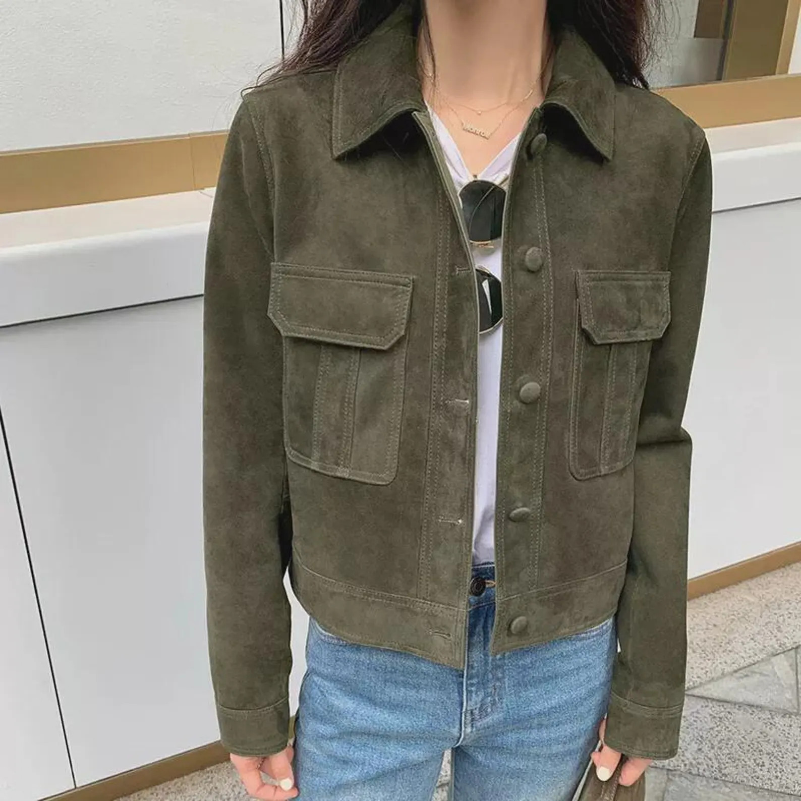 Olive Green Suede Leather Cropped Trucker Jacket, Women's Utility Pocket Sheep Leather Outerwear | Etsy (Global)
