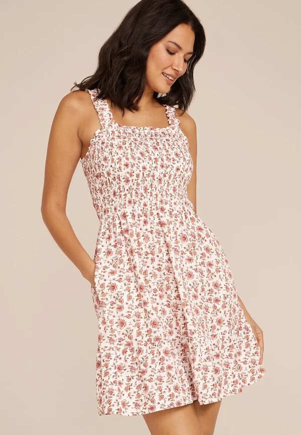Bare Floral Smocked Mini Dress | Maurices