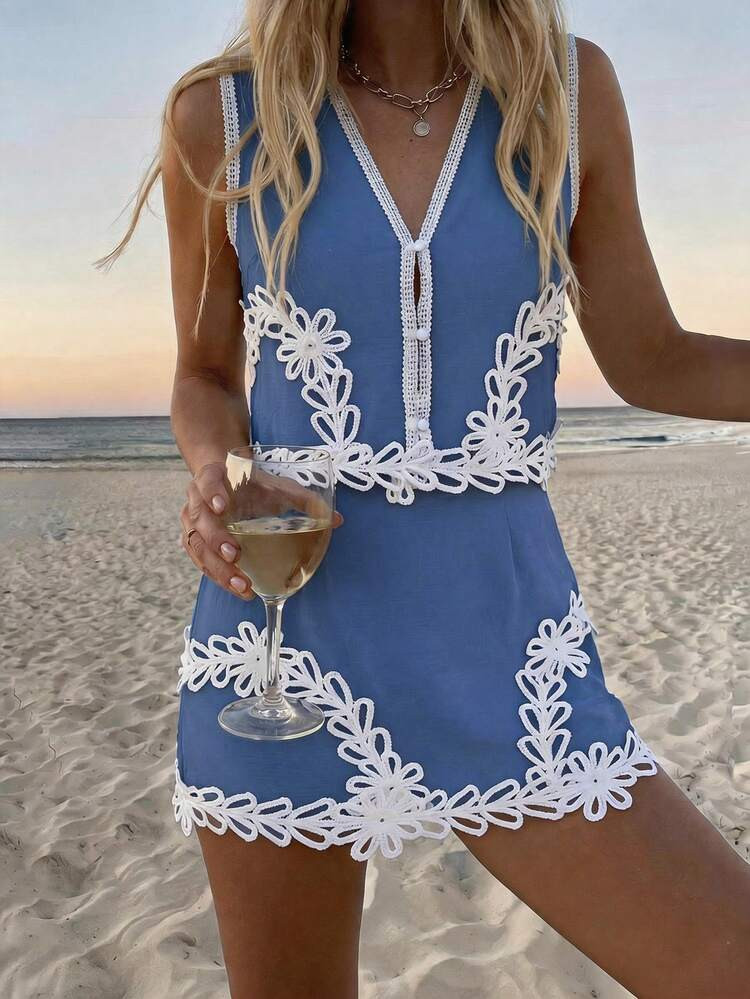 PoPoHouse Women's Summer Blue 2-Piece Casual Embroidered Tank Top + Fitted Mini Skirt Set Elegant | SHEIN