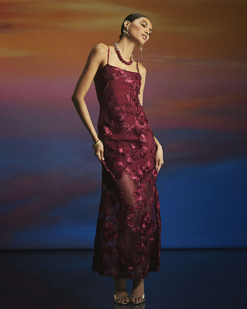 Red 3D Floral Mesh Tube Maxi Dress | River Island UK & IE