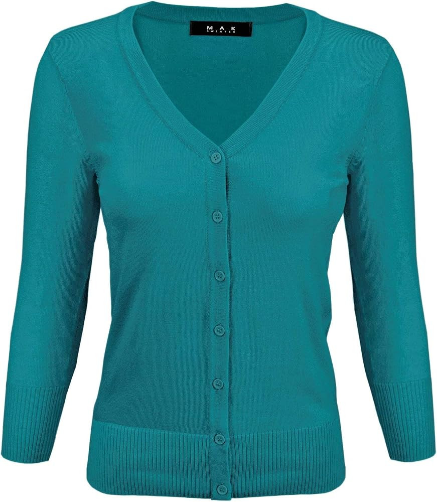 YEMAK Women's Knit Cardigan Sweater – 3/4 Sleeve V-Neck Basic Classic Casual Button Down Soft L... | Amazon (US)