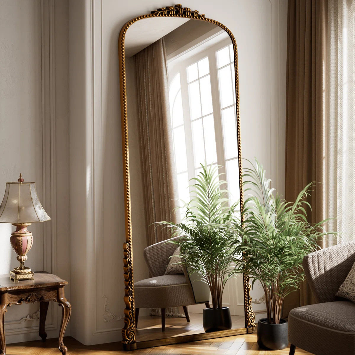 Vintage Full Length Mirror Arched Standing Floor Mirror Full Body Mirror With PU Frame | Wayfair North America