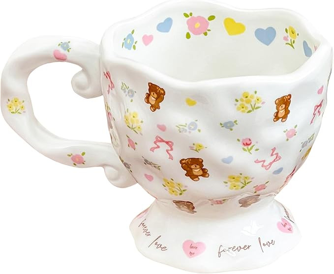 Cute Ceramic Coffee Mug Pink Bow Floral - 14oz Cartoon Bear Mugs Kawaii Water Cup for Milk Latte ... | Amazon (US)