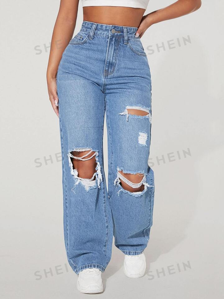 SHEIN PETITE High Waist Ripped Straight Leg Jeans | SHEIN