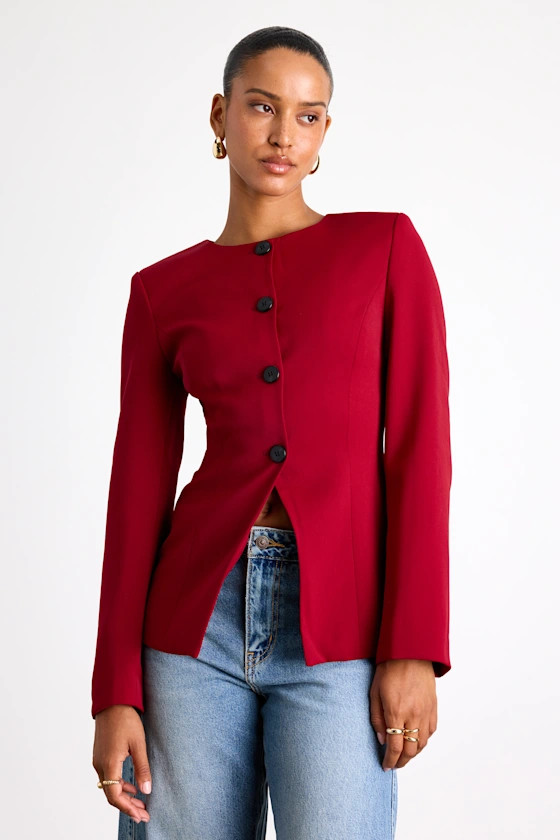Elyna Dark Red Button-Front Blazer | Lulus